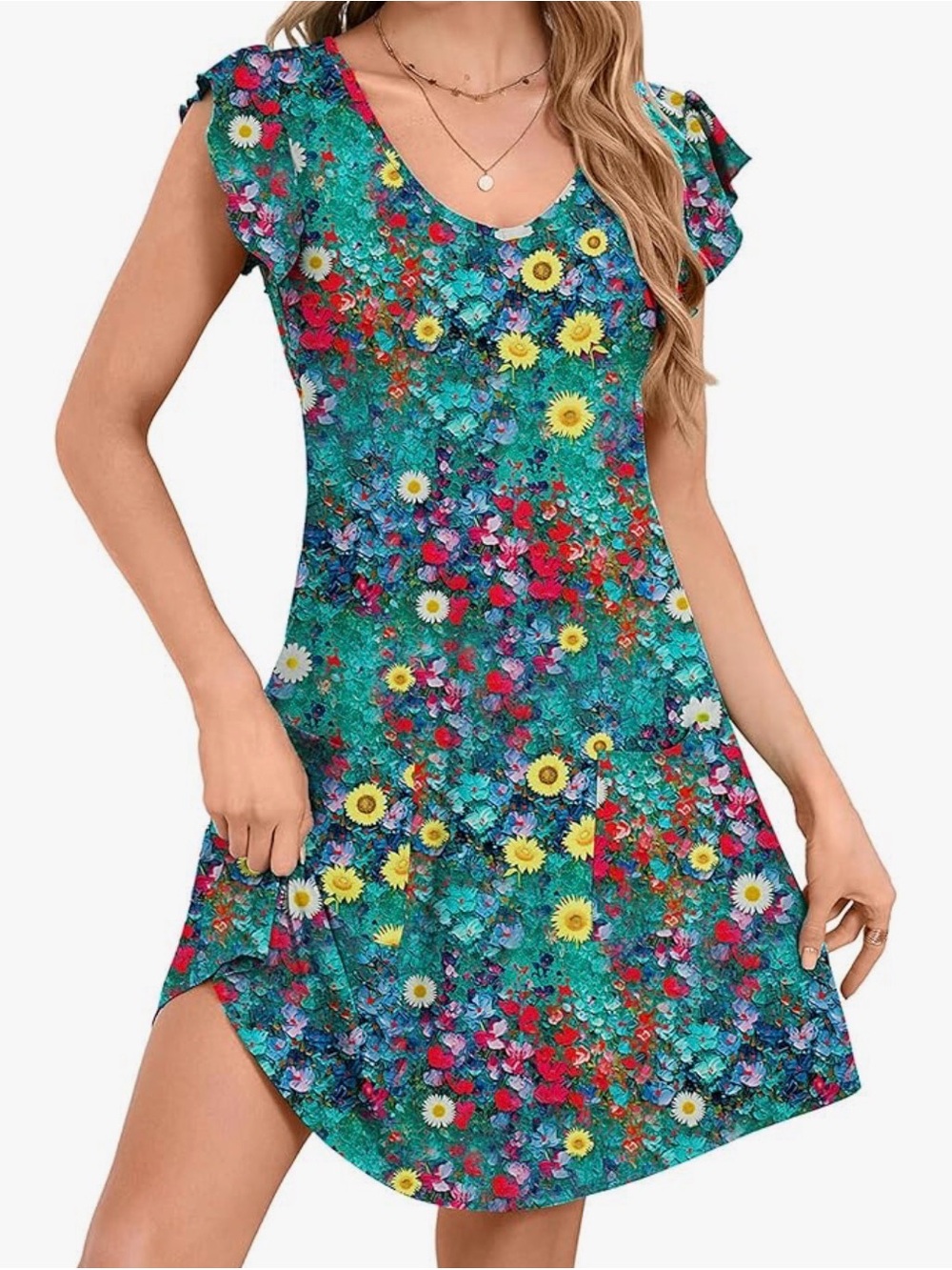 2XL Colorful Floral Dress w/ Pockets Stretch Short Sleeve Summer Midi